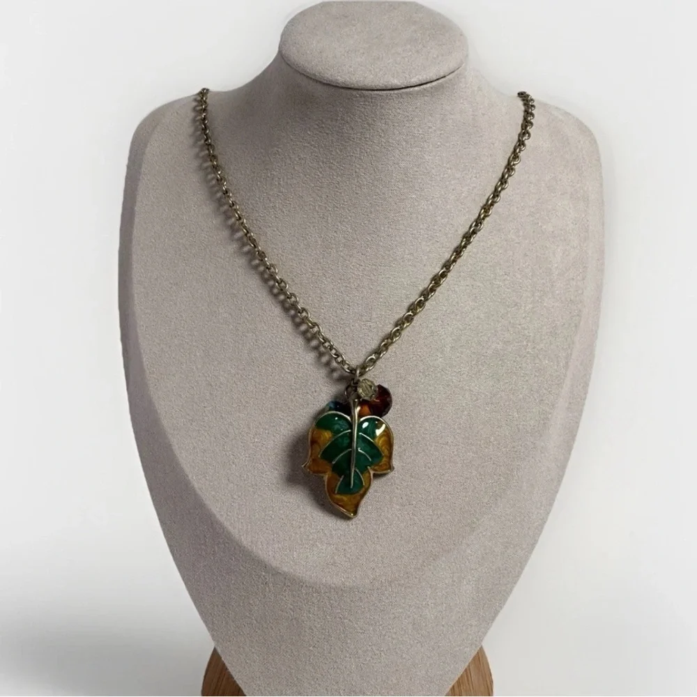 HARVEST Autumn Fall Theme Enamel Leaf Pendant Bead Gold Chain Necklace Y2K Style